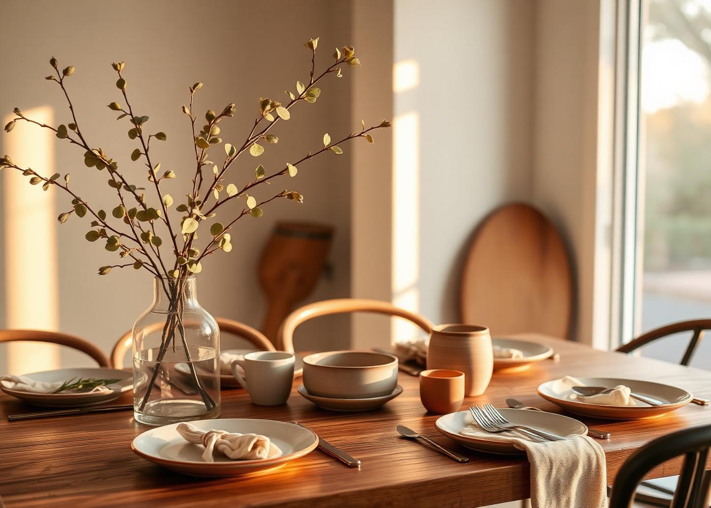A styled dining table at golden hour